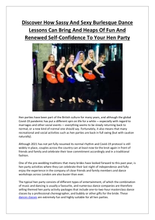 Discover How Sassy And Sexy Burlesque Dance Lessons Can Bring And Heaps Of Fun And Renewed Self-Confidence To Your Hen P