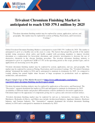 Trivalent Chromium Finishing Market is anticipated to reach USD 379.1 million by