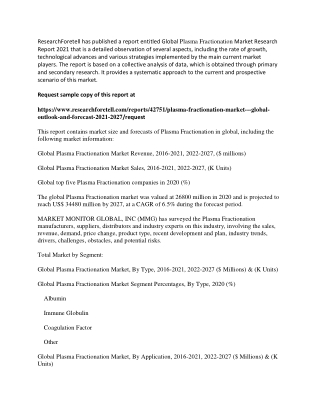 Plasma Fractionation Market Set for Rapid Growth and Trend by 2020-2027