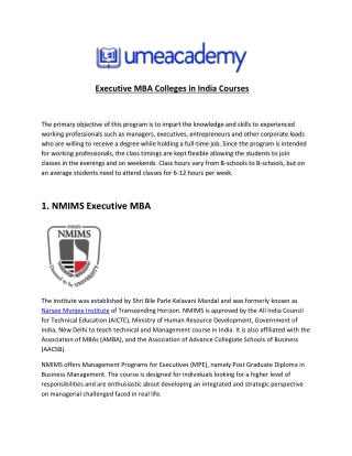 Executive MBA Colleges in India Courses