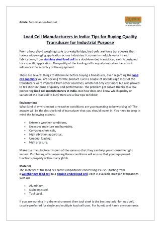 Load Cell Manufacturers in India: Tips for Buying Quality Transducer