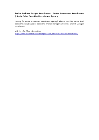 Senior Business Analyst Recruitment - Senior Accountant Recruitment - Senior Sales Executive Recruitment Agency