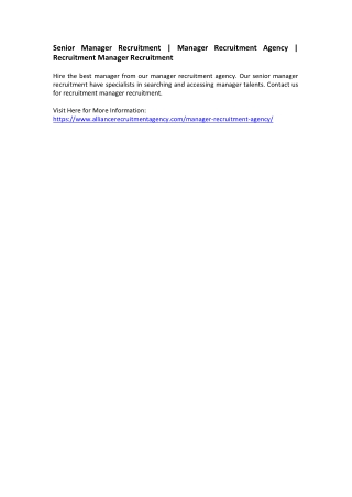 Senior Manager Recruitment - Manager Recruitment Agency - Recruitment Manager Recruitment