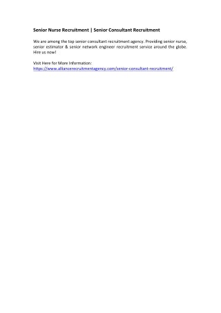 Senior Nurse Recruitment - Senior Consultant Recruitment