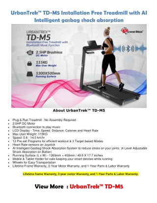 UrbanTrek™ TD-M5 Installation Free Treadmill with AI Intelligent gasbag shock absorption