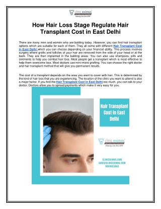 How Hair Loss Stage Regulate Hair Transplant Cost in East Delhi