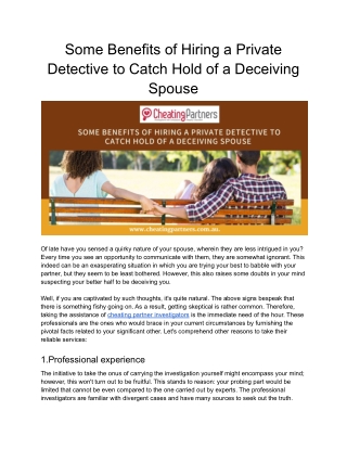 Some Benefits of Hiring a Private Detective to Catch Hold of a Deceiving Spouse