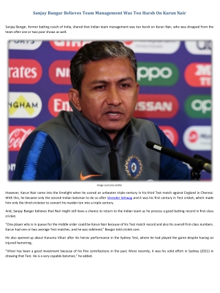 Sanjay Bangar Believes Team Management Was Too Harsh On Karun Nair