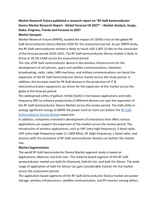 RF GaN Semiconductor Device Market Future Demands and  Forecast to 2027