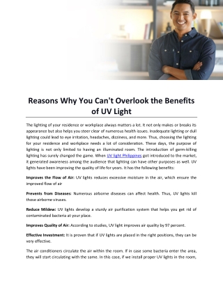 Reasons Why You Can't Overlook the Benefits of UV Light