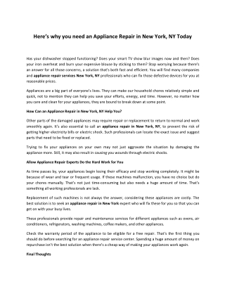 Here’s why you need an Appliance Repair in New York, NY Today