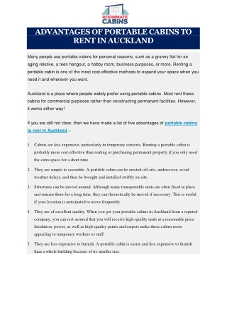 Advantages of Portable Cabins to Rent in Auckland