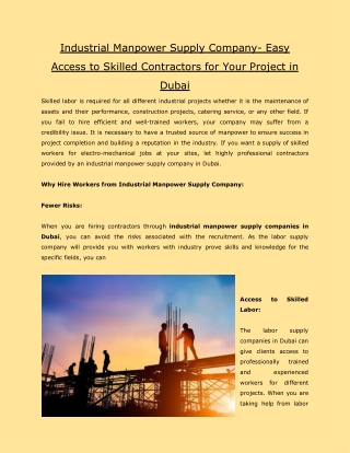 Industrial Manpower Supply Company- Easy Access to Skilled Contractors for Your Project in Dubai