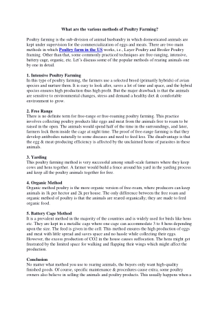 What are the various methods of Poultry Farming