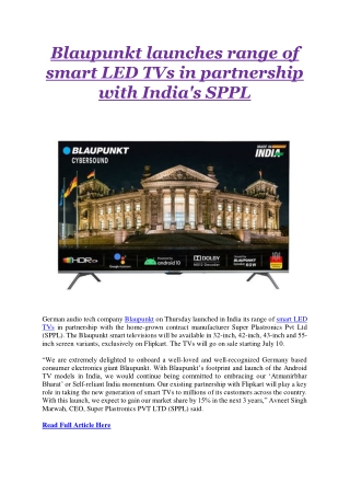 Blaupunkt launches range of smart LED TVs in partnership with India's SPPL