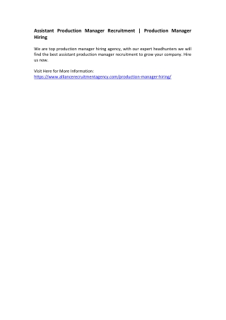 Assistant Production Manager Recruitment - Production Manager Hiring