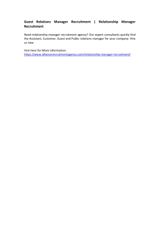 Guest Relations Manager Recruitment - Relationship Manager Recruitment