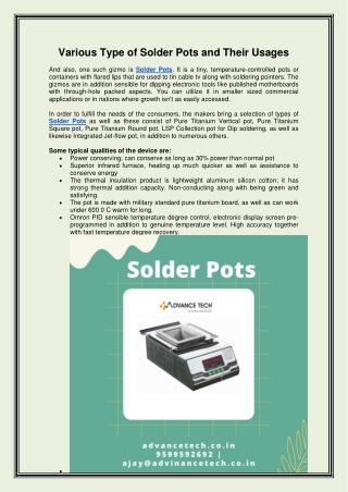 Various Type of Solder Pots and Their Usages