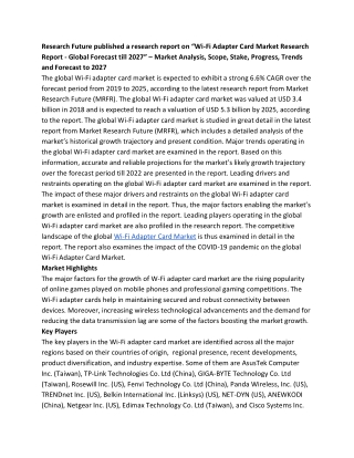 Wi-Fi Adapter Card Market Developments and Regional Forecast 2027