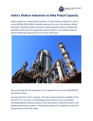 India’s Shakun Industries To Hike Polyol Capacity