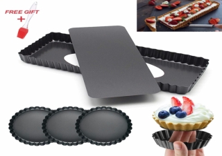 14 In Rectangle Tart-Pan & 5 In Round Mini Tart Pan Set Quiche-Pan Removable Bot