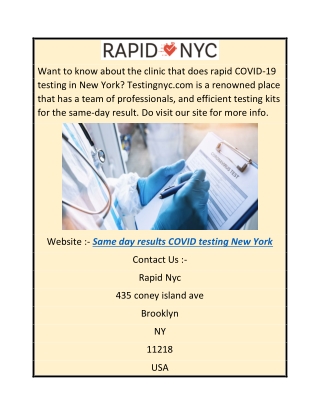 Same Day Results Covid Testing New York  Testingnyc.com