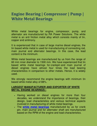 Engine Bearing | Compressor | Pump | White Metal Bearings