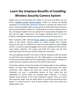 Learn the Umpteen Benefits of Installing Wireless Security Camera System