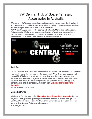 VW Central: Hub of Spare Parts and Accessories in Australia