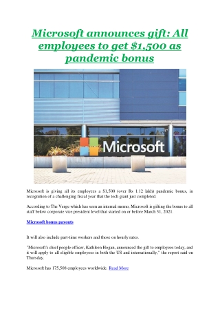 Microsoft announces gift All employees to get 1,500 as pandemic bonus