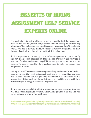Benefits Of Hiring Assignment Help Service Experts Online