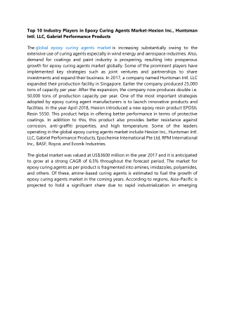 Top 10 Industry Players in Epoxy Curing Agents  Market-Hexion Inc., Huntsman Int