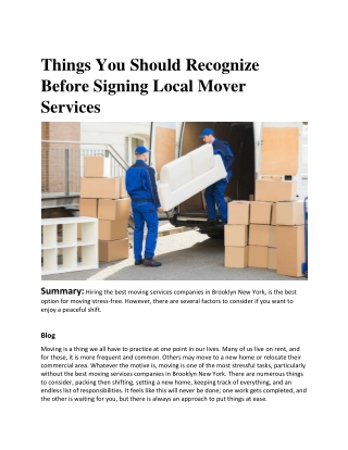 Things You Should Recognize Before Signing Local Mover Services