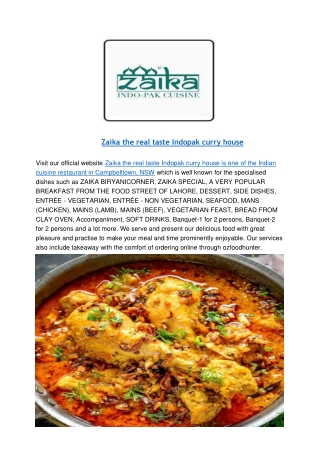 15% Off - Zaika Indian Restaurant Campbelltown Menu, NSW