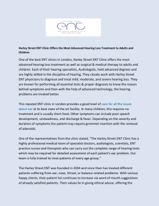 Harley Street ENT Clinic Offers the Most Advanced Hearing Loss Treatment to Adults and Children
