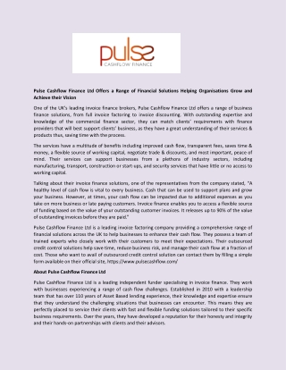 Pulse Cashflow Finance Ltd Offers a Range of Financial Solutions Helping Organisations Grow and Achieve their Vision