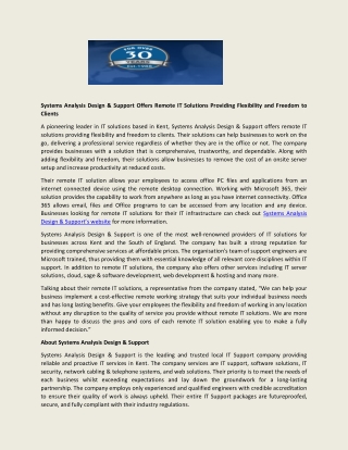 Systems Analysis Design & Support Offers Remote IT Solutions Providing Flexibility and Freedom to Clients