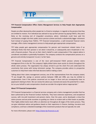 TTP Financial Compensation Offers Claims Management Services to Help People Gain Appropriate Compensation