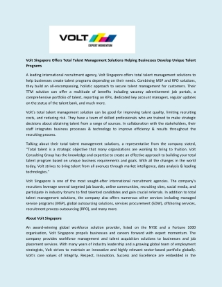 Volt Singapore Offers Total Talent Management Solutions Helping Businesses Develop Unique Talent Programs