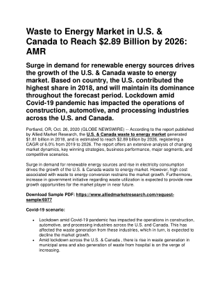 Waste to Energy Market in US and canada