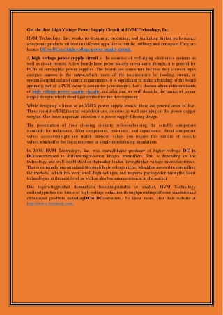 Get the Best High Voltage Power Supply Circuit at HVM Technology, Inc.