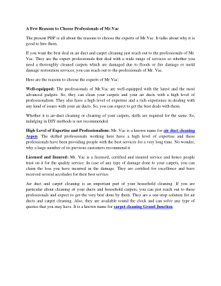 A Few Reasons to Choose Professionals of Mr.Vac