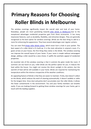 Primary Reasons for Choosing Roller Blinds in Melbourne