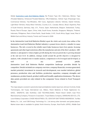 Automotive Lead Acid Batteries Market Analysis and Forecast to 2028