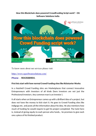 How this Blockchain does powered CrowdFunding Script work-OG Software Solutions