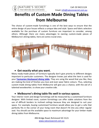 Benefits of custom made dining tables from Melbourne