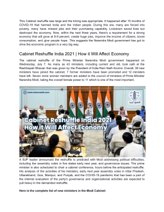 Cabinet Reshuffle India 2021 _ How it Will Affect Economy