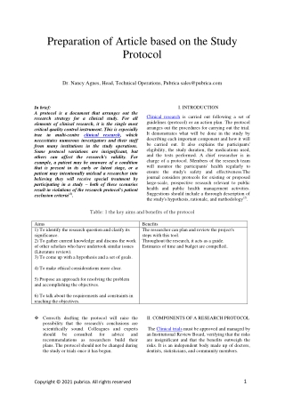 Preparation of Article based on the Study Protocol - Pubrica