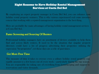 Eight Reasons to Have Holiday Rental Management Services at Costa Del Sol