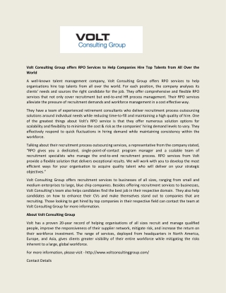 Volt Consulting Group offers RPO Services to Help Companies Hire Top Talents from All Over the World